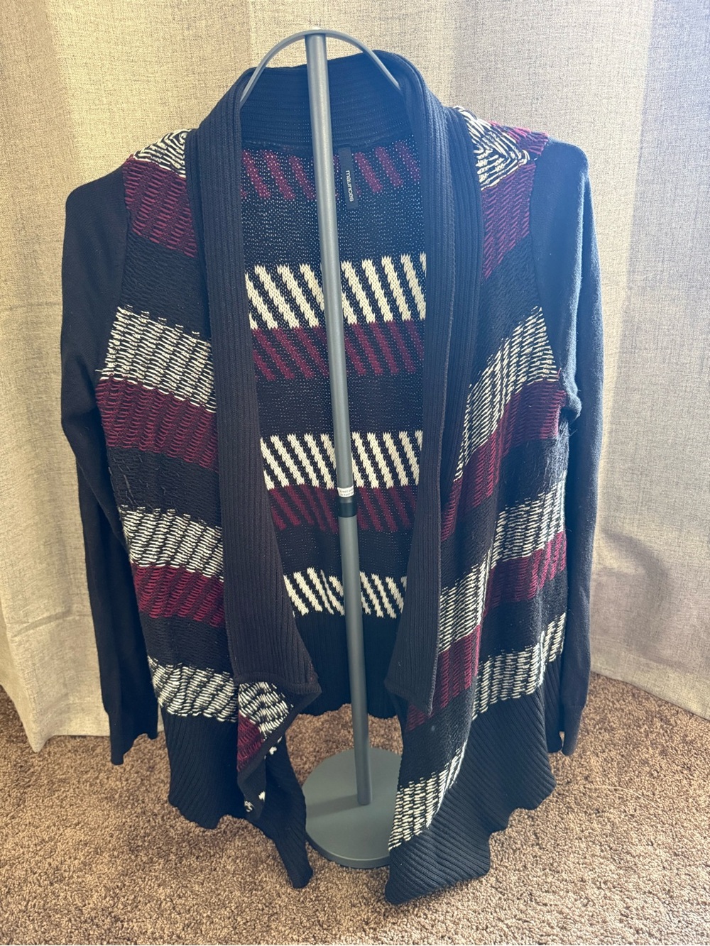 Maurices Black Open-Front Cardigan with Burgundy and White Stripes